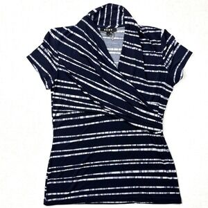 DKNY Womens Navy Blue White Striped Draped Wrap Front Surplice Top Size S